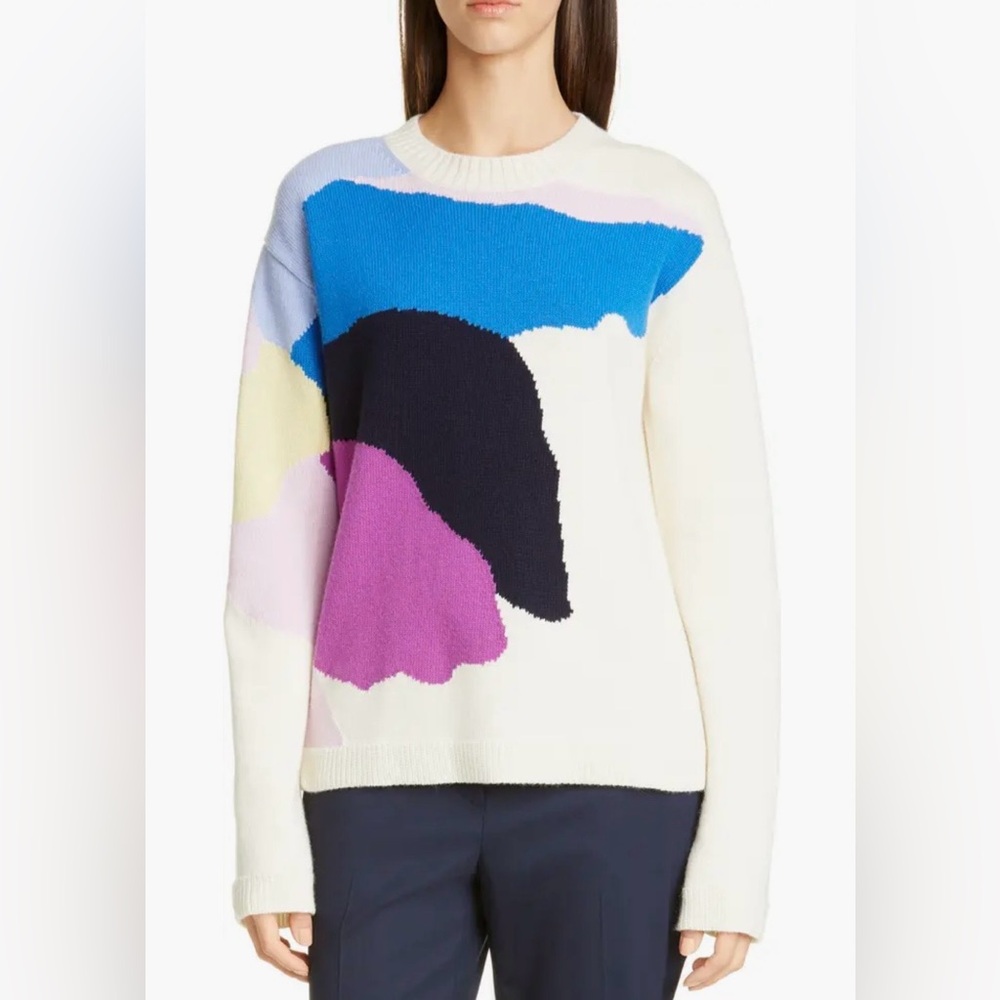 ST. JOHN Abstract Floral Intarsia Wool & Cashmere Sweater Size Small